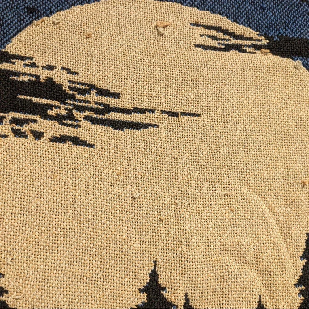 Vintage Woven Wolf Tapestry Throw Blanket Howling Moon Wilderness Cabin Decor